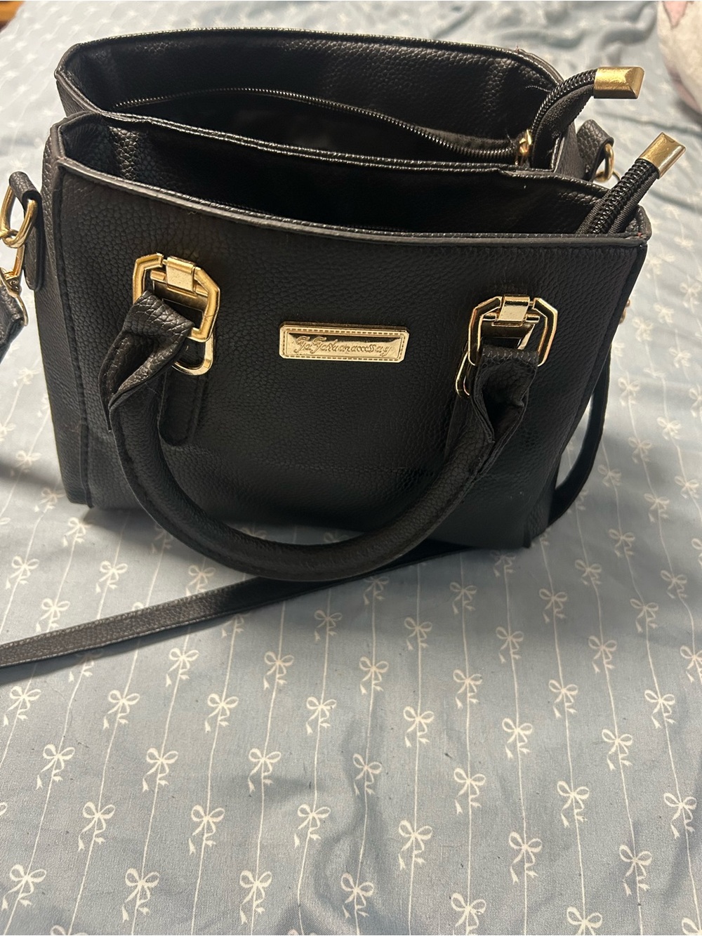Black Structured Satchel Handbag with Gold Hardware